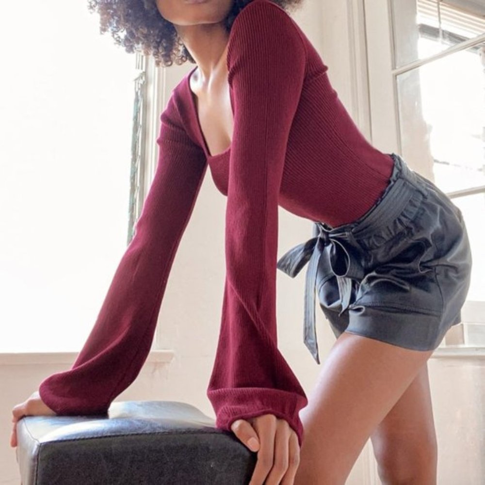 Burgundy Ribbed Balloon Sleeve Sweater Top